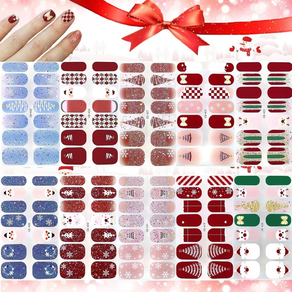 Christmas Gel Nail Polish Wraps Stickers, 10 Sheets 3D Self-Adhesive Glitter Str